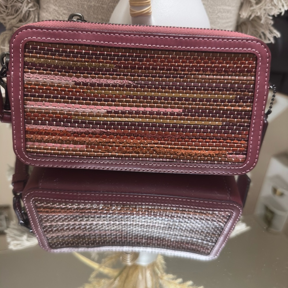 Coach Pink and Brown wallet Bag with Woven Texture and Striped Design